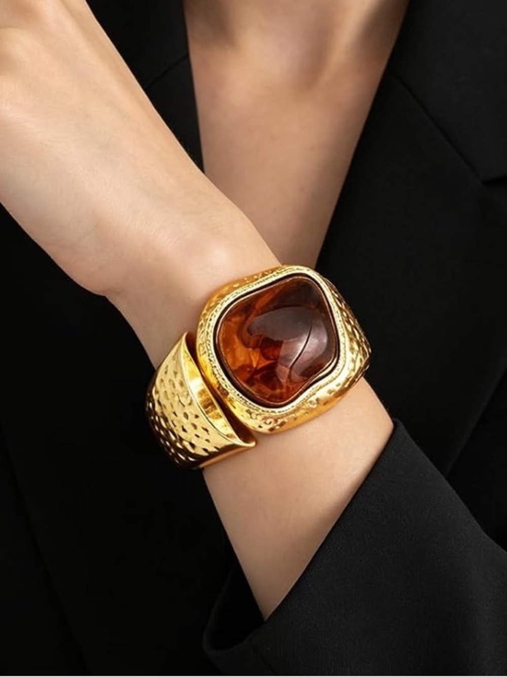 Anthropologie Gold Cuff Bracelet with Amber Stone